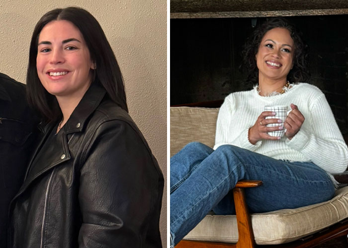 Two friends smiling; one in a leather jacket, the other in a sweater, sharing Ozempic experiences.