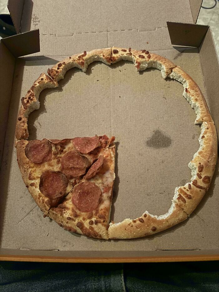 Pizza con el borde intacto y una porción de pepperoni en caja de cartón, causando decepción.