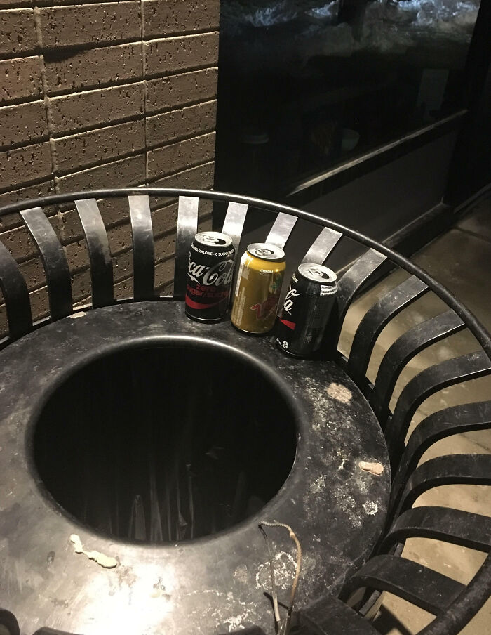 Latas de refresco organizadas cuidadosamente sobre un basurero, ejemplo curioso de la cultura en Canadá.