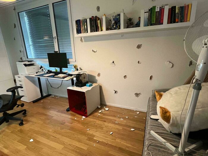 Habitación con paredes dañadas y agujeros tras un costoso accidente doméstico.