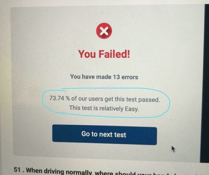 Mensaje pasivo-agresivo de fallar un test con 13 errores y estadísticas de otros usuarios.