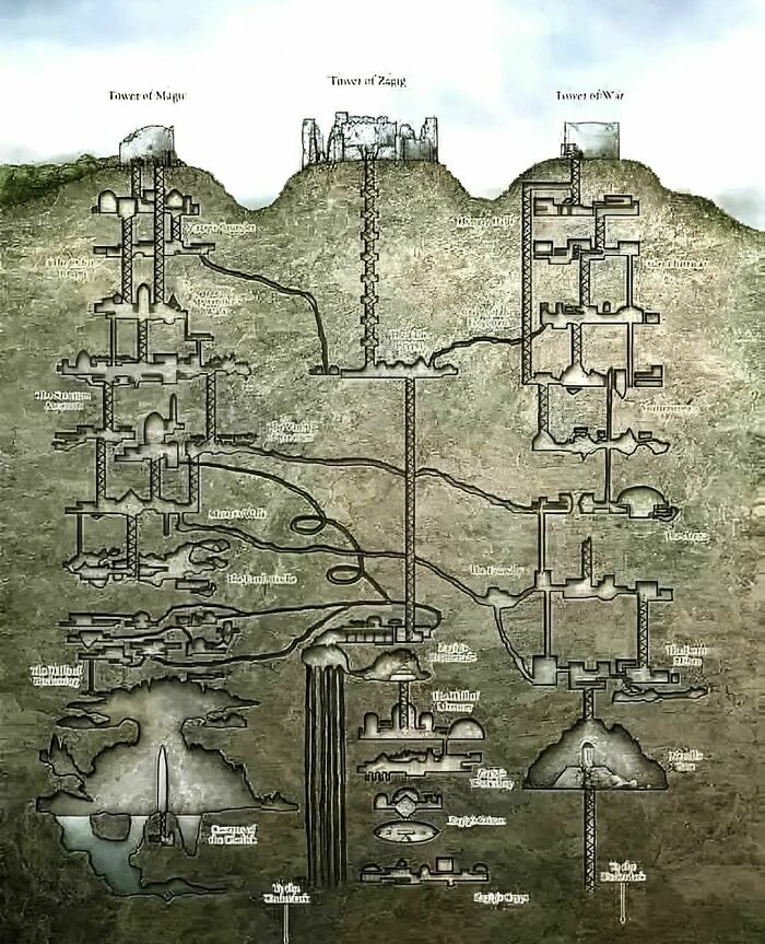 Ilustración de una antigua construcción humana subterránea con detalles arquitectónicos y túneles.