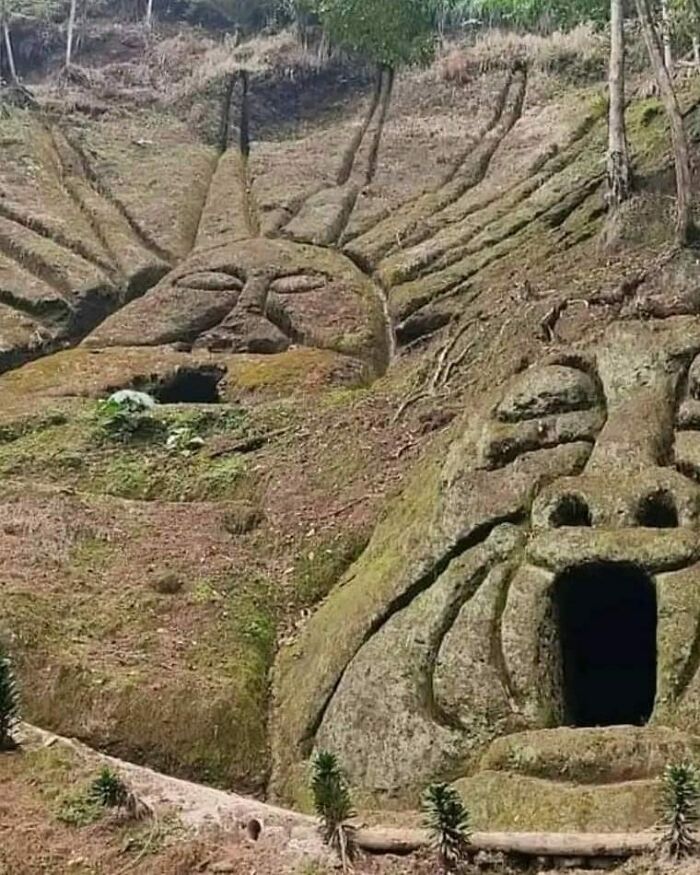 Esculturas antiguas de rostros talladas en roca, rodeadas de naturaleza.