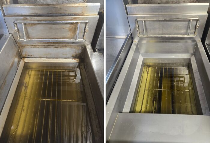 Freidoras de cocina antes y después de limpieza, evidenciando frustraciones comunes en hostelería.