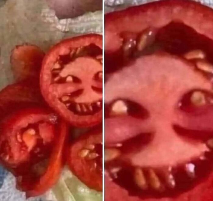 Rebanada de tomate con expresión facial, ejemplo de comida caótica.