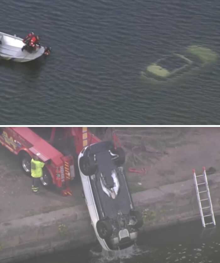 Auto sumergido y rescatado del agua por grúa tras un accidente costoso.