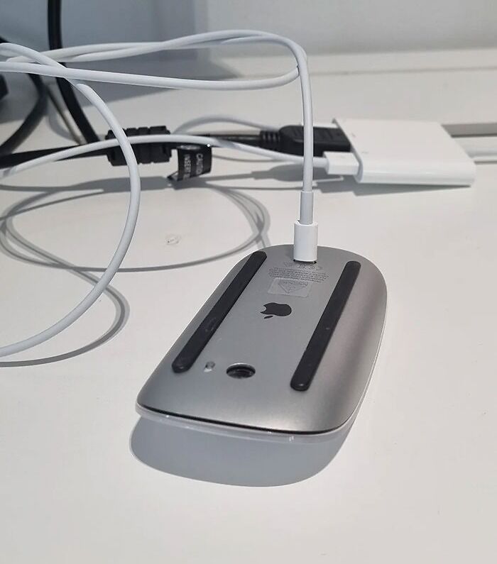 Mouse cargándose boca abajo, ejemplo de diseño que no funciona en la realidad.