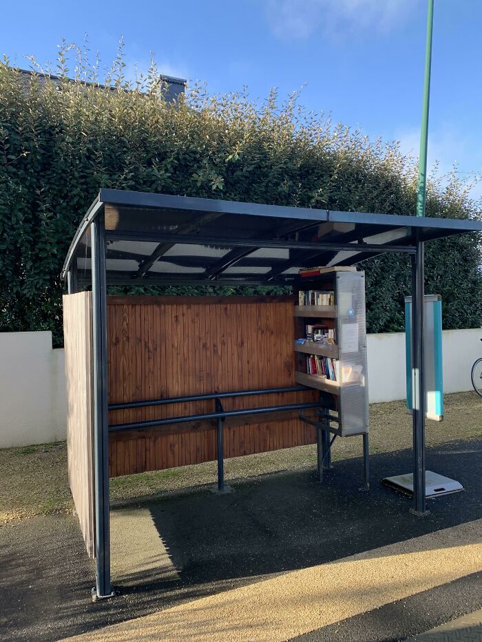 Parada de autobús con estantería de libros, ejemplo de detalles ingeniosos en la vida cotidiana de varios países.