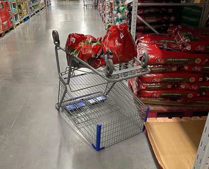 Carrito de supermercado volcado en pasillo con bolsas de alimento para mascotas en tienda, mostrando clientes frustrantes y errores.