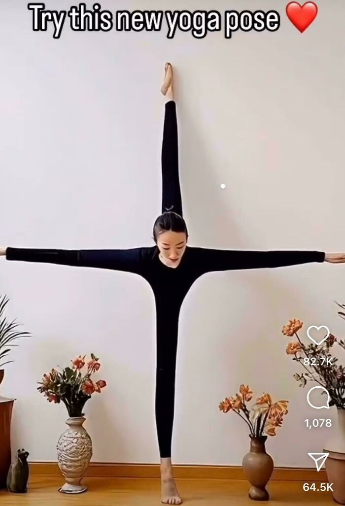 Persona con ropa negra realizando pose de yoga inusual en habitación con flores, ejemplo de momentos en Instagram colapsando la realidad.