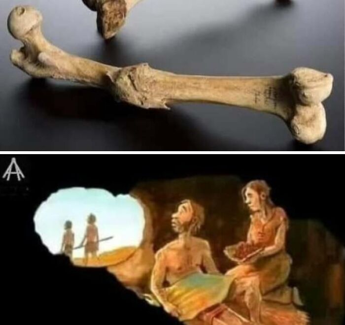 Huesos antiguos y escena de personas prehistóricas en una cueva, representando creaciones humanas antiguas.