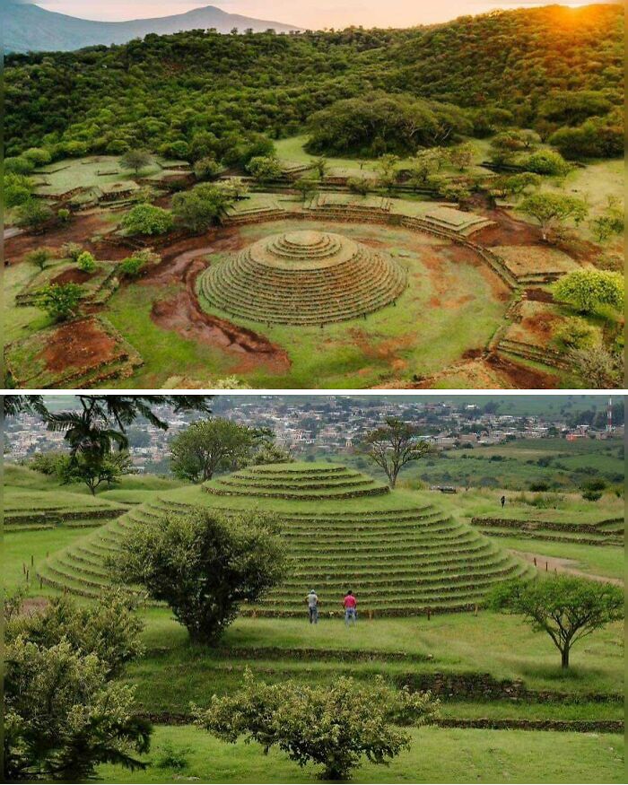 Pirámides circulares antiguas rodeadas de vegetación, mostrando la sorprendente arquitectura humana.