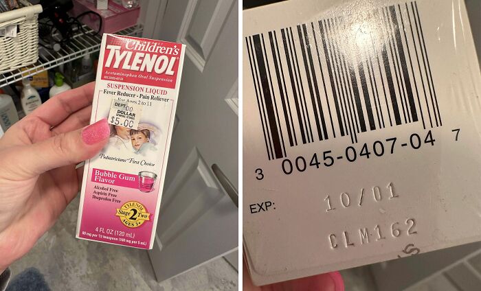 Mano sostiene caja de Tylenol infantil con fecha de caducidad de hace años.