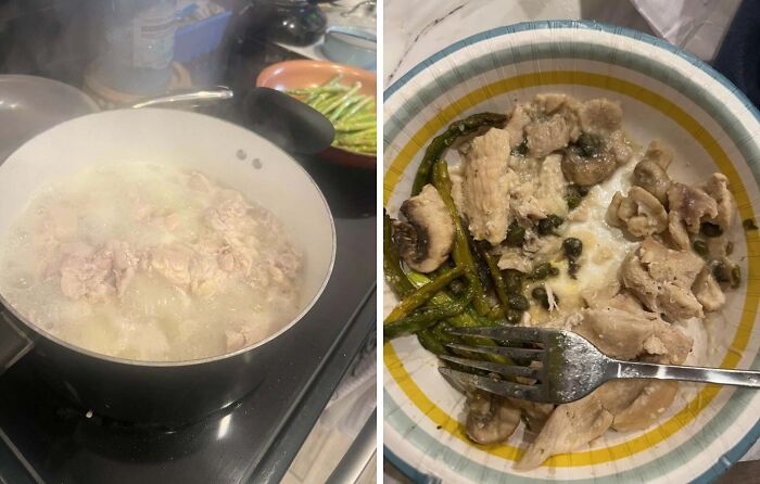 Comida casera poco apetecible en plato desechable; ejemplo de experiencias familiares incómodas.