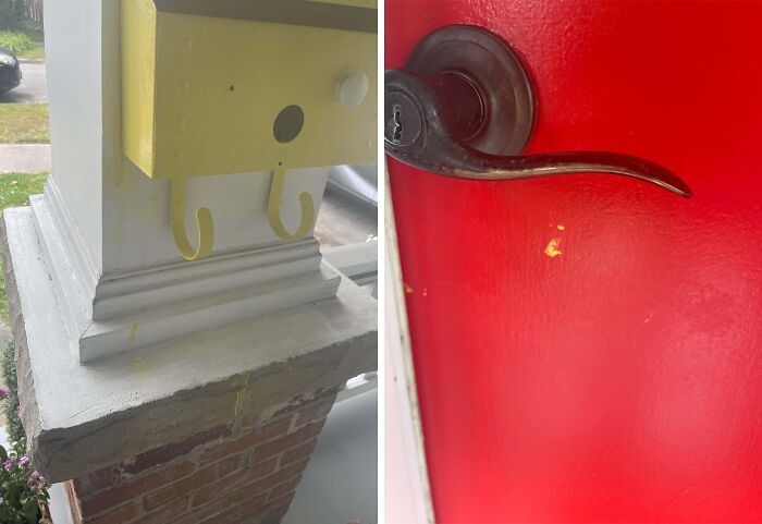 Manchas de pintura en columna y puerta roja, ejemplo de desafíos con familiares políticos.