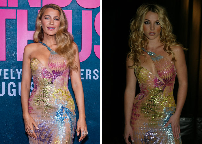 Celebridades recreando atuendos icónicos en un vestido brillante multicolor.