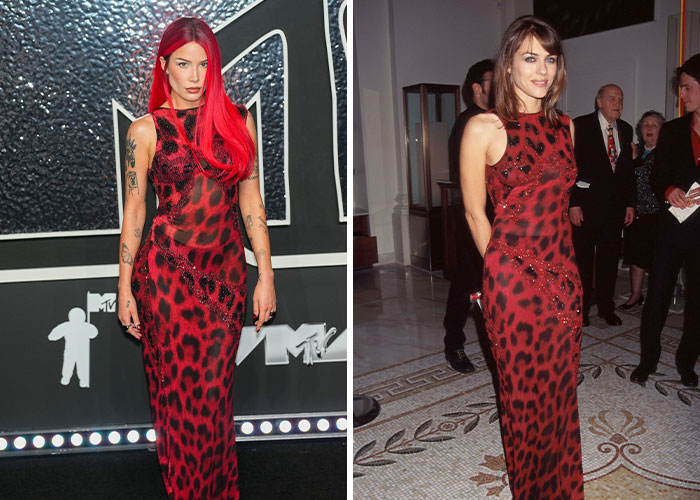 Dos celebridades recreando atuendos icónicos en eventos de alfombra roja.