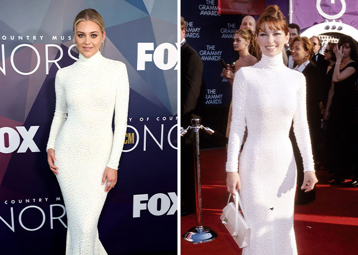 Dos celebridades recrean atuendos icónicos en alfombra roja, con vestidos blancos de manga larga.