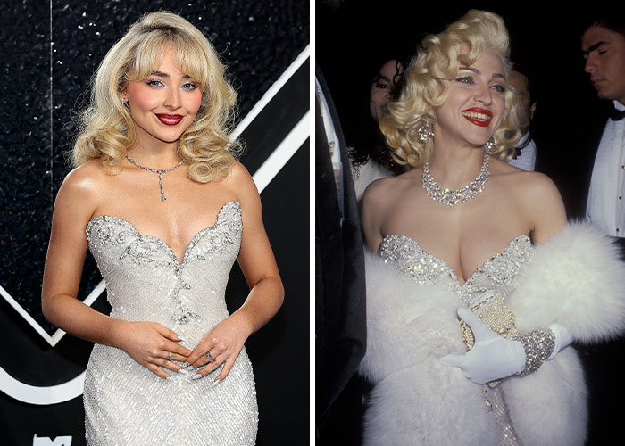 Celebridades recreando atuendos icónicos del pasado con vestidos glamorosos y joyas brillantes.