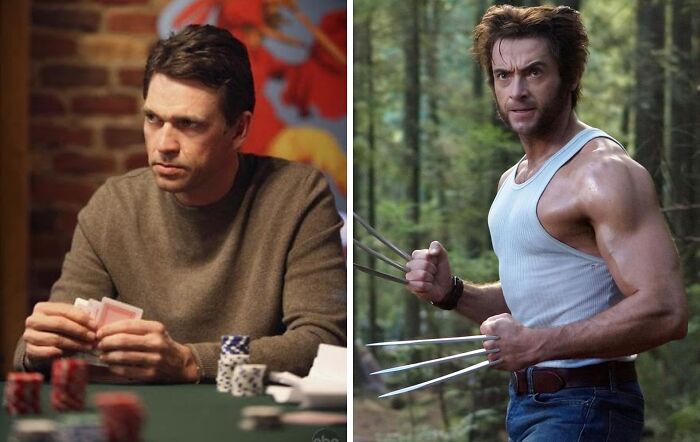 Actor reemplazado en película; hombre jugando cartas y otro personaje con garras en el bosque.