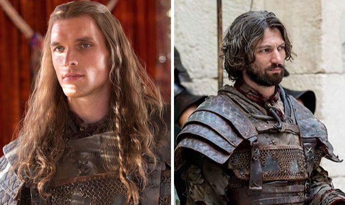 Dos actores en diferentes escenas de película vestidos como caballeros medievales.