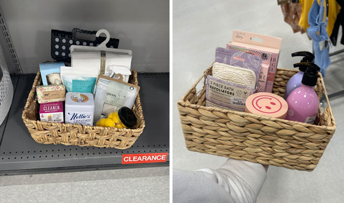 Cesta con productos de limpieza y cuidado personal en tienda mostrando clientes frustrantes e ignorantes.