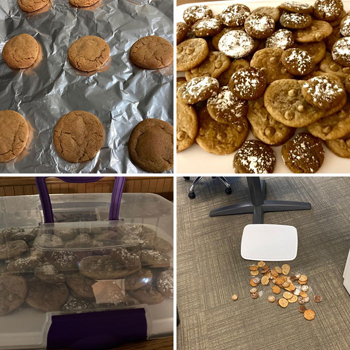 Galletas horneadas en bandeja y esparcidas en el suelo, mostrando problemas laborales en la oficina.
