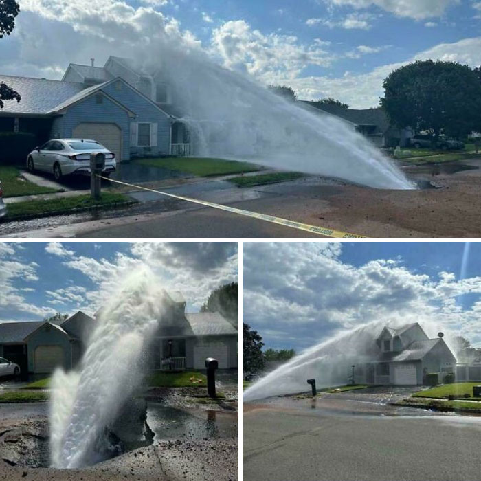 Chorro de agua saliendo del pavimento frente a casa, un accidente costoso en la calle.