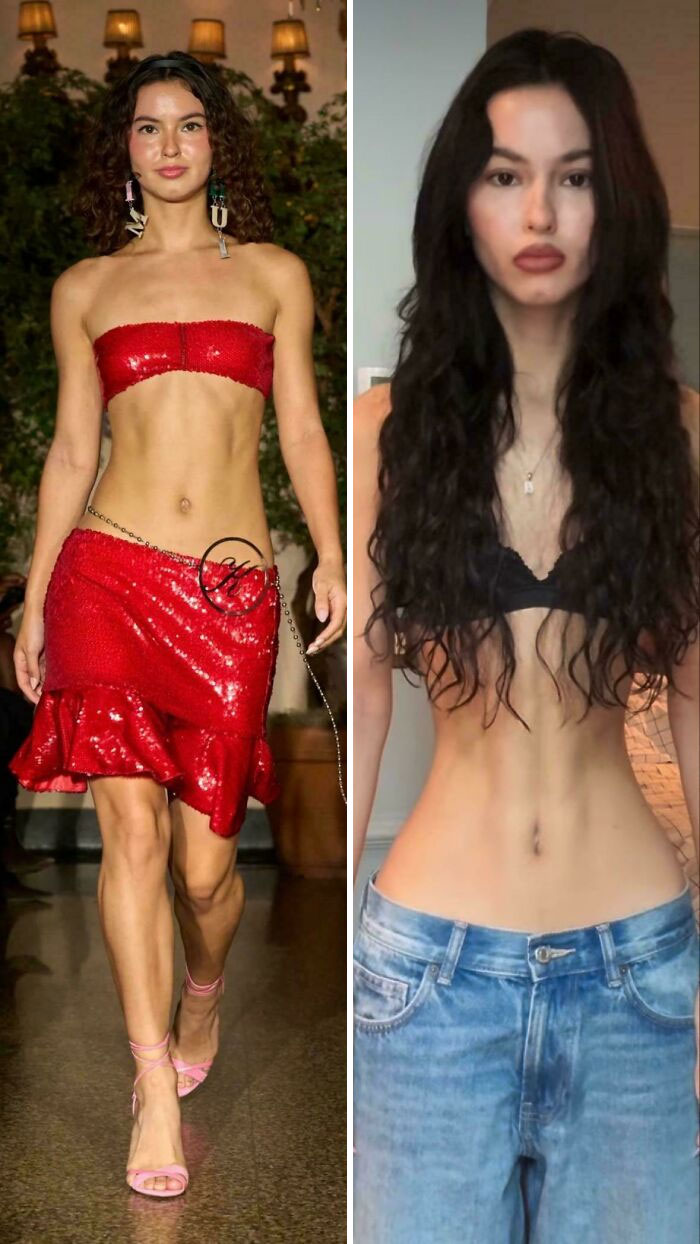 Mujer en vestido rojo a la izquierda e informal a la derecha, ilustrando "Instagram vs Realidad".