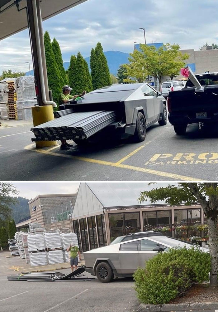 Camioneta con sobrecarga de tubos metálicos en un estacionamiento, un error visualmente curioso.