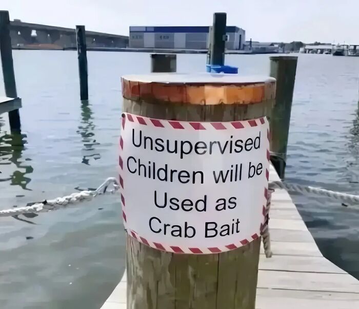 Aviso legal divertido en un muelle junto al agua sobre niños sin supervisión usados como cebo para cangrejos.