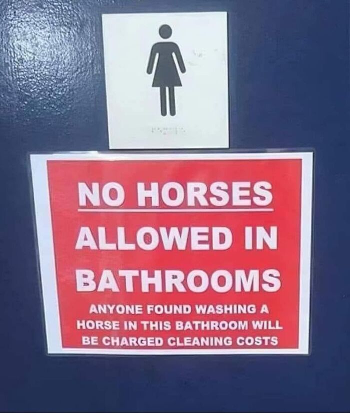 Aviso legal divertido en baño prohibiendo entrada de caballos con posible sanción por limpieza.