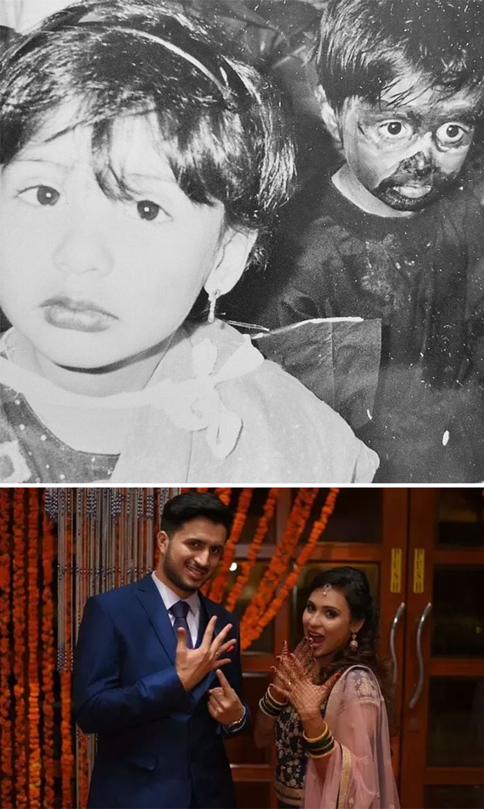 Niños disfrazados en una foto antigua y una pareja sonriente en una boda, ilustrando increíbles coincidencias.