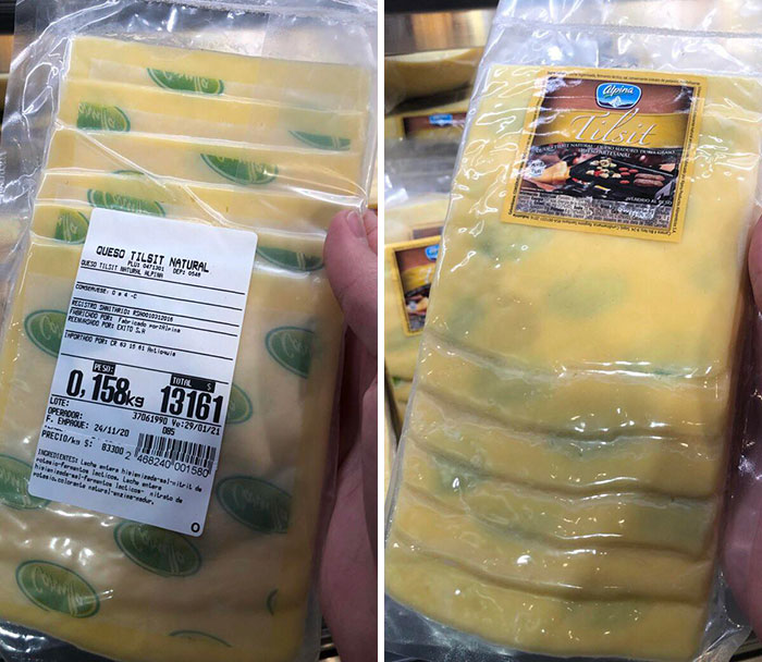 Queso Tilsit en empaque transparente, diseño fallido al no alinear etiqueta con el contenido visible.