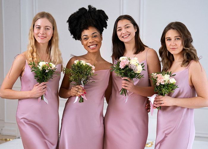 Cuatro mujeres felices en vestidos lilas sosteniendo ramos de flores, destacando amistades.