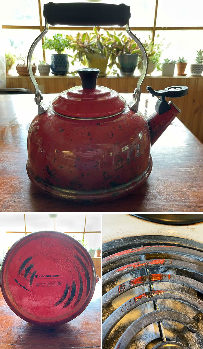 Tetera roja quemada en cocina, evidencia de problemas con la familia política.