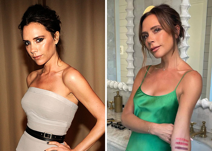 Lo siento, no sé quiénes son. Una mujer con vestido gris y otra imagen de la misma mujer con vestido verde en un baño moderno.