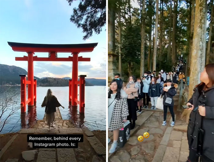 Contraste entre una foto perfecta de Instagram y la realidad con una larga fila de personas esperando.