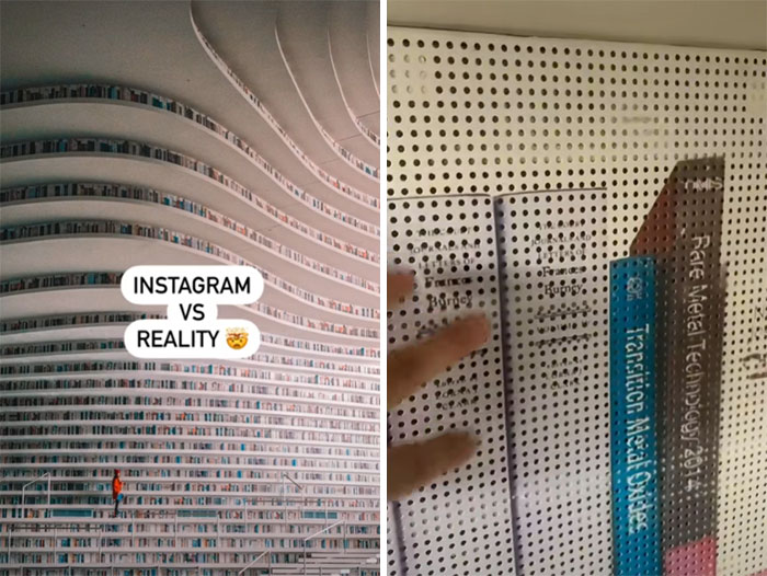 "Biblioteca moderna en Instagram versus su simple estructura en la realidad, resaltando la diferencia visual."