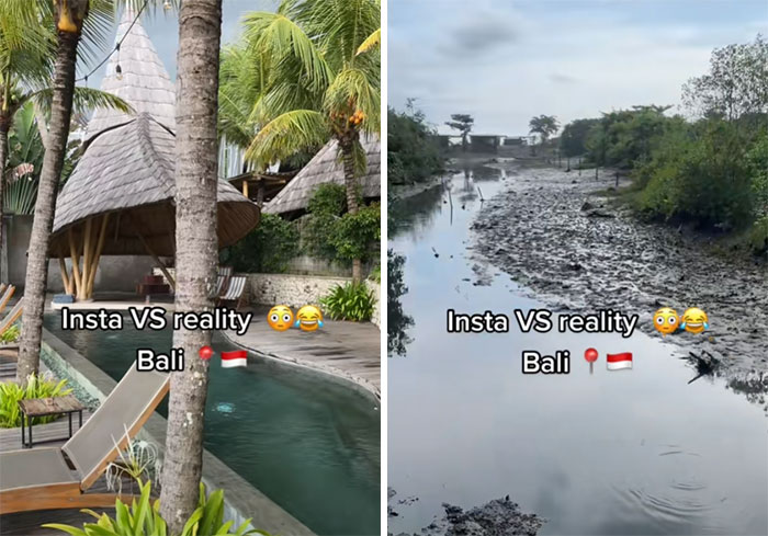 Comparación Instagram vs realidad en Bali: piscina vs paisaje seco.