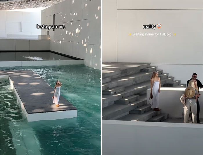 Dos imágenes contrastan Instagram vs realidad: mujer posando sola en piscina y espera en fila para foto.