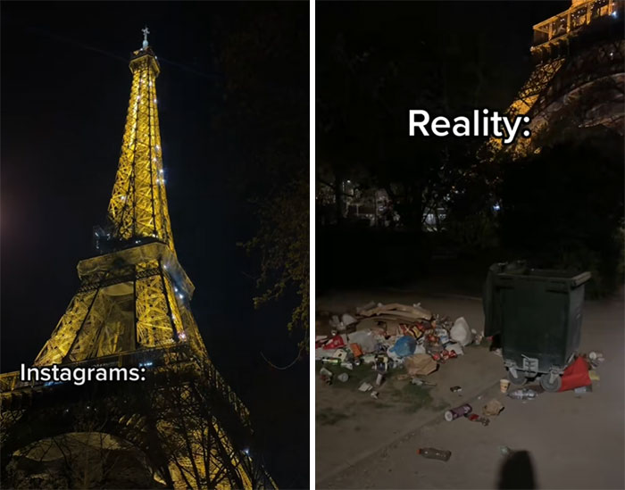 Torre Eiffel en Instagram vs. realidad con basura cerca, mostrando contrastes.