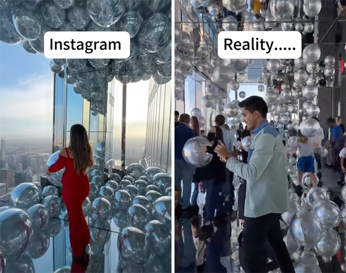 Mujer en vestido rojo entre globos y multitud en una sala, comparando Instagram VS Realidad.
