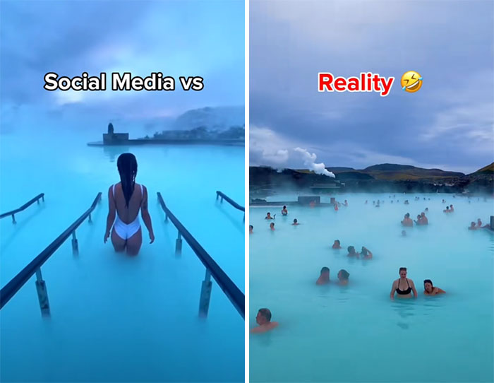 Dos imágenes comparando Instagram y realidad en baños termales, mostrando diferencias cómicas en redes sociales.