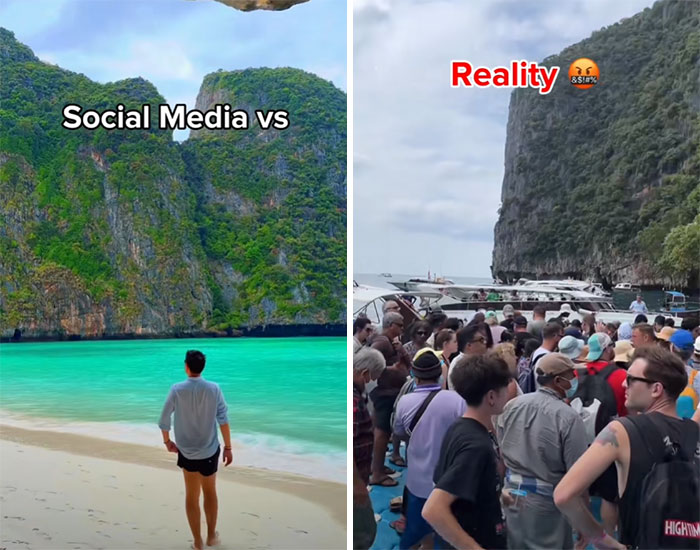 Contraste entre Instagram y realidad: playa desierta versus multitud de turistas en el mismo lugar.