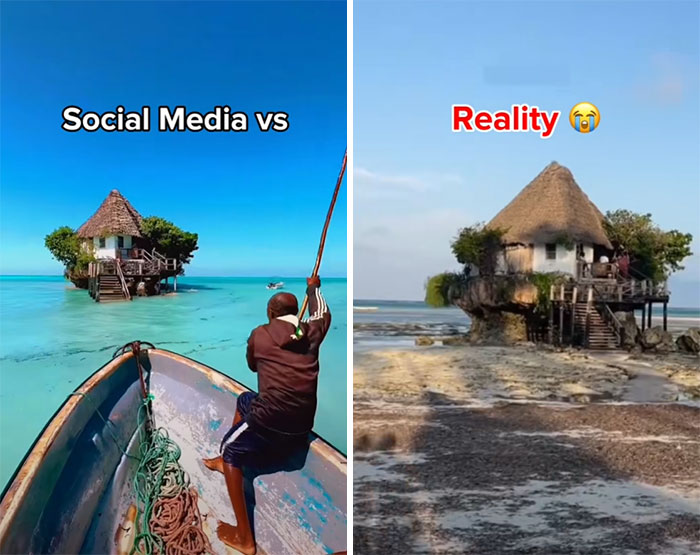 Comparación Instagram vs Realidad: casa sobre el agua con diferencias entre foto editada y la vista auténtica.