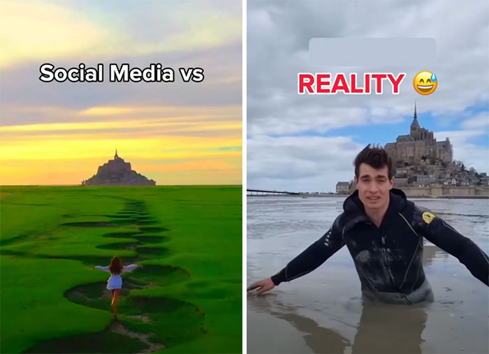 Comparación de Instagram vs Realidad: paisaje ideal frente a hombre en agua fangosa.