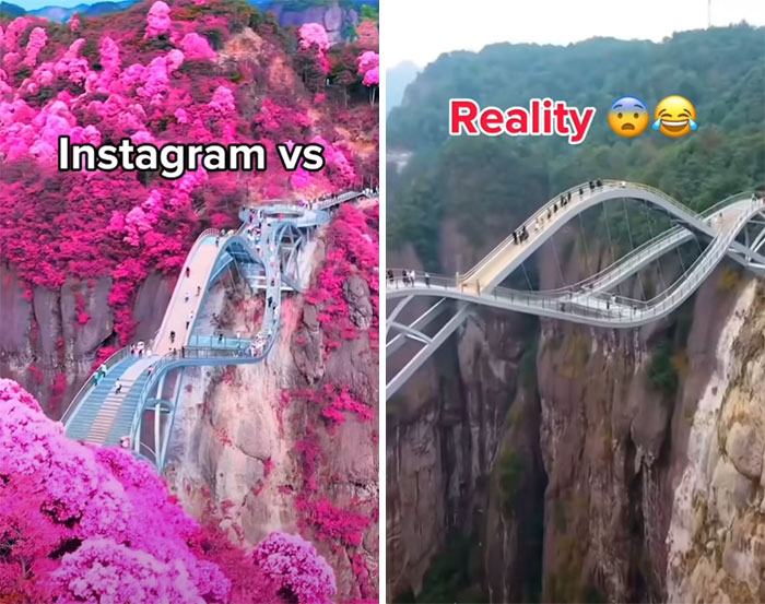 Puente comparado: Instagram con colores vibrantes a la izquierda, realidad sin filtros a la derecha.
