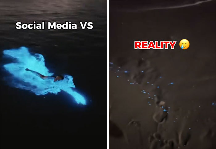 Persona nadando en agua bioluminiscente vs huellas débiles en la arena, mostrando Instagram vs realidad.