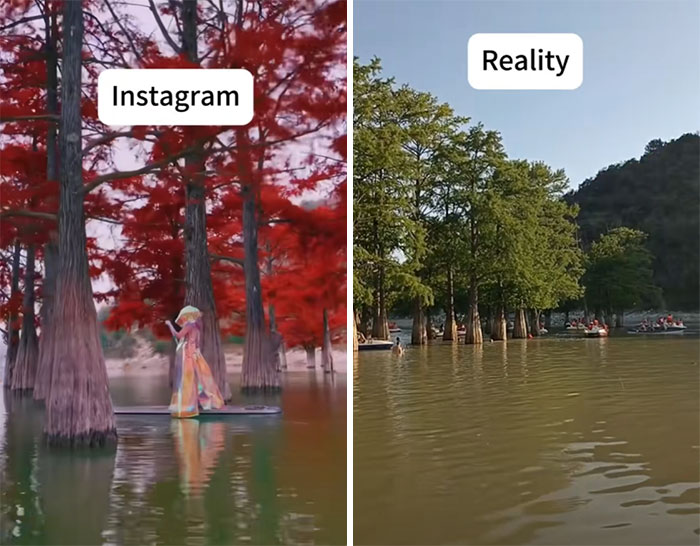 Comparación entre Instagram y la realidad: persona en lago con árboles intensos vs. escena natural.